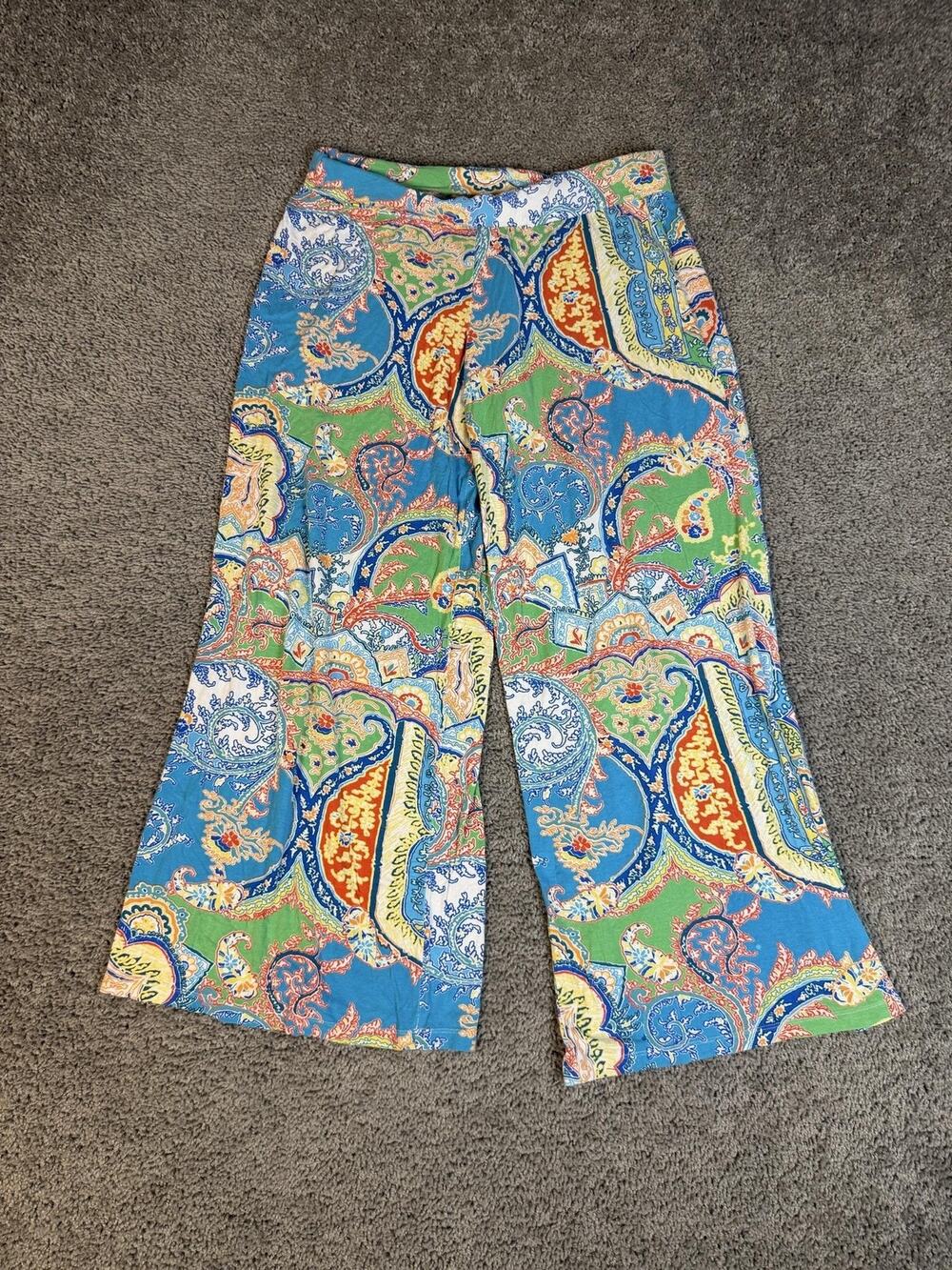 Lauren Ralph Lauren Pants Womens L Blue Boho Paisley Wide-Leg Hippie Pull On